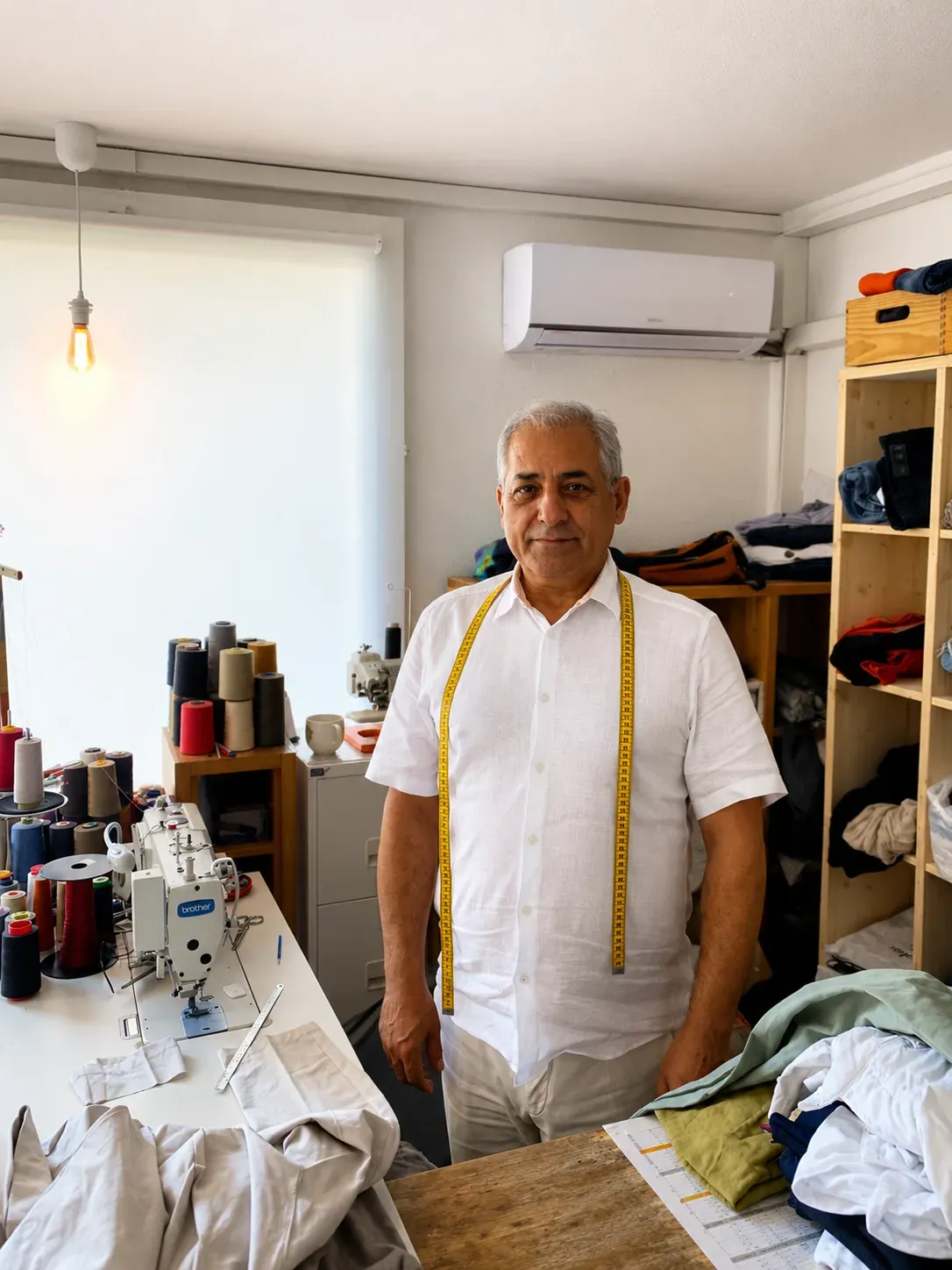 L'artisan couturier dans son atelier, mètre ruban autour du cou, devant sa machine à coudre et ses bobines de fil