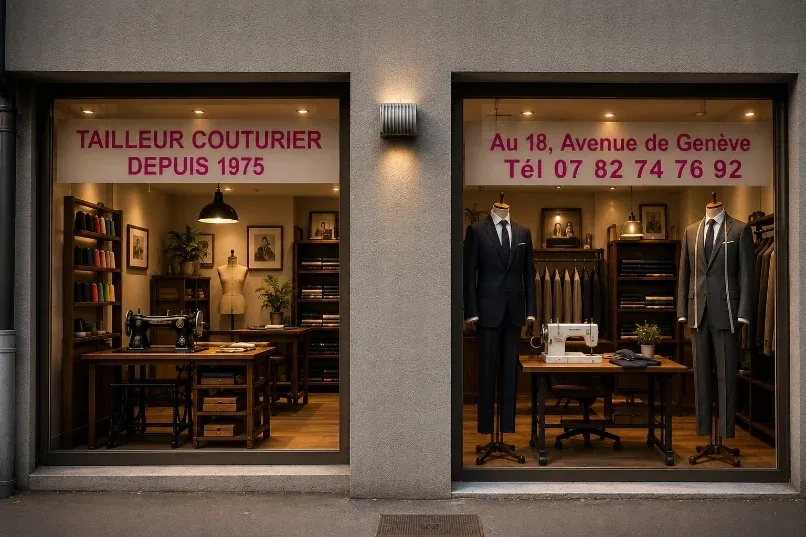Vitrine de l'atelier Bilgic Retouches, machines à coudre et vêtements en cours de retouche